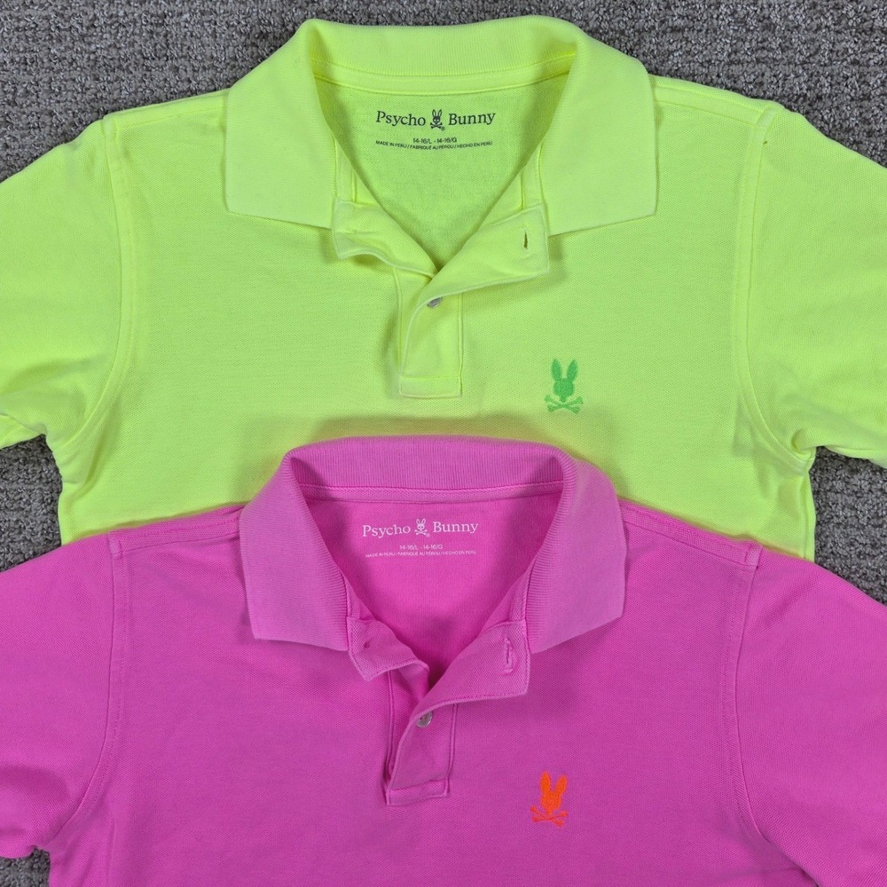 Lot of 2 Psycho Bunny Kids Polo Shirts Neon Yellow Pink Size 14-16 L Large Pique